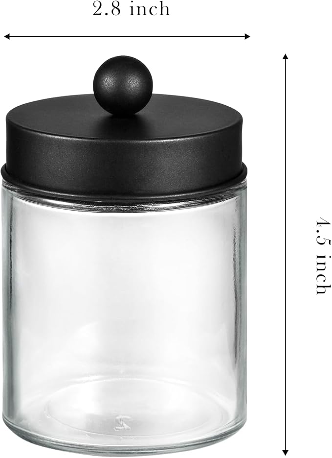 SheeChung 2 Pack Glass Qtip Holder with Black & Gold Stainless Steel Lids | Apothecary Jars with Stickers, Modern Farmhouse Bathroom Vanity Organizer for Cotton Swabs, Balls, Pads