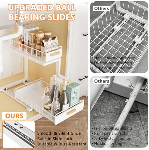 2 Pack Under Sink Organizer with Ball Bearing Sliding Drawer, Heavy Duty Pull Out Cabinet Organizer, 2 Tier Adjustable Storage Rack for Kitchen Bathroom, Space Saving Design, White