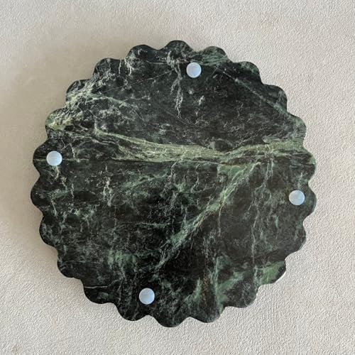 Travertine Marble Scalloped Tray Round Wave Tray Small Serving Platter for Counter, Bathroom, Kitchen, Nightstand, Jewelry Ring Dish Holder (White Dark Green)
