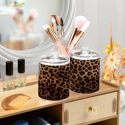 4 Pack Apothecary Jars Bathroom Leopard Print Qtip Holder Dispenser Clear Plastic Storage Canister Jar with Lid for Cotton Ball, Cotton Swab