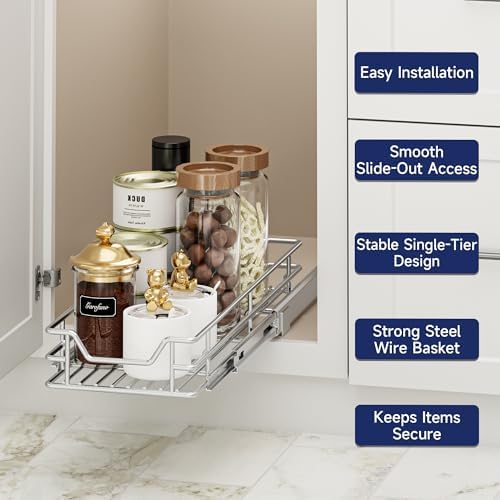 Pull Out Cabinet Organizer, 9" W x 21.5" D, Heavy Duty Chrome Slide Out Shelf for Narrow Base Cabinets, Sliding Wire Basket Drawer for Spices, Bottles, Snacks & Cleaning Supplies