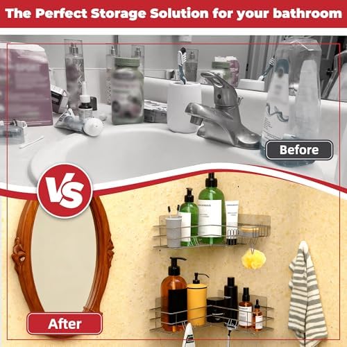 ‌2-Pack SUS304 Corner Shower Shelves - Adhesive Shower Organizer for Shampoo & Soap Storage, Space-Saving Bathroom Caddy Basket, Rust-Resistant Silver Shelf