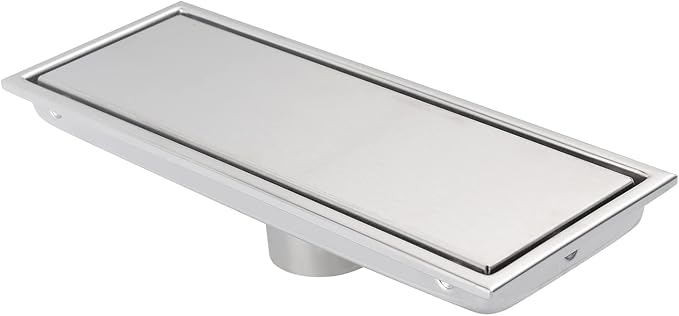 12 Inch Brushed Nickel Linear Shower Drain Pipe with Tile Insert Grille, Removable Hidden Cover, SUS304 Stainless Steel Rectangular Floor Drain