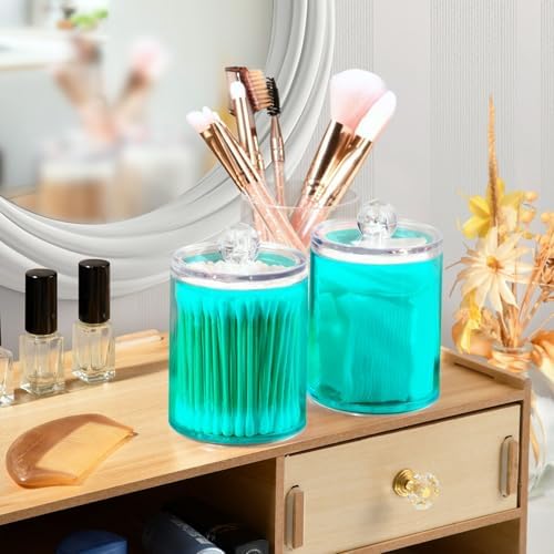 Gredecor 4 Pack Cyan Qtip Holder Organizer Dispenser Clear Bathroom Storage Canister Cotton Ball Holder Bathroom Containers for Cotton Swabs/Pads/Floss