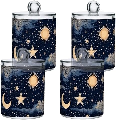 2 Pack Apothecary Jars Bathroom Stars and Moon Qtip Holder Dispenser Clear Plastic Storage Canister Jar with Lid for Cotton Ball, Cotton Swab