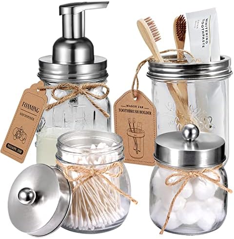 Amolliar Mason Jar Bathroom Accessories Set Complete 4Pc, Brushed Nickel