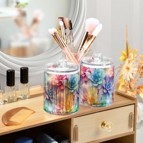 2 Pack Qtip Holder Organizer Dispenser Succulent Cactus Pattern Bathroom Storage Canister Cotton Ball Holder Container for Cotton Pads/Swabs/Floss