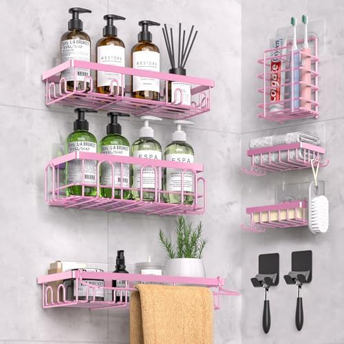 DTUQYX Shower Caddy 9 Pack,Adhesive Organizer for Bathroom Decor Accessories & Kitchen Storage,No Drilling,Large Capacity,Rustproof Stainless Steel Organizer,Home Decor Shelves (Pink 9 Pack)