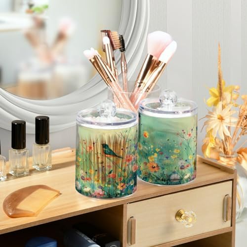 senya Clear Plastic Jars Cotton Swabs Cans, Bird Wildflowers Emerald Green Bathroom Canisters Storage Organizer with Lids 2PCs Set for Cotton Ball, Cotton Swab, flossers, Hair Bands