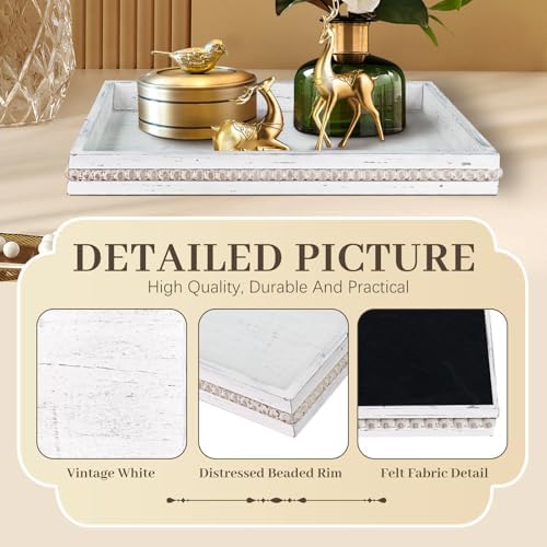 Wooden Decorative Tray, Rectangular Serving Tray with Wood Bead, Farmhouse Big Tray for Ottoman, Countertop, Coffee Tabl, 16.5" x 13"x 1.6" (Retro White)