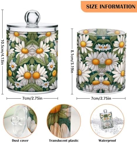 Daisies Pattern Qtip Holder 2 Pack - 10 Oz Clear Plastic Apothecary Jar Set for Bathroom Organization - Versatile Canister Storage for Cotton Balls, Swabs, Rounds
