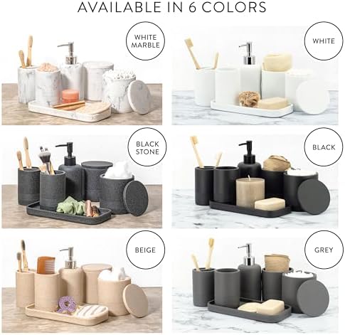 ZCCZ Black Matte Bathroom Accessories Set 6 Pieces - Toothbrush Holder, Lotion Dispenser, Qtip Container, Vanity Tray, Tumbler - Countertop Organizer for Bathrooms - Elegant and Functional Décor Set