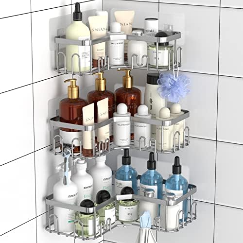 Menbyci 3 Pack Corner Shower Caddy, Adhesive Bathroom Shelves with 18 Hooks, Drill-Free & Quick-Dry Shower Organizer with Large Capacity, Rustproof Stainless Steel Bathroom Corner Storage Rack, Silver