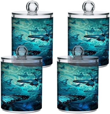 Qtip Holder Dispenser Apothecary Jars with Lids Blue Butterfly Clear Bathroom Container Cotton Swab Ball Holder 2 Pack