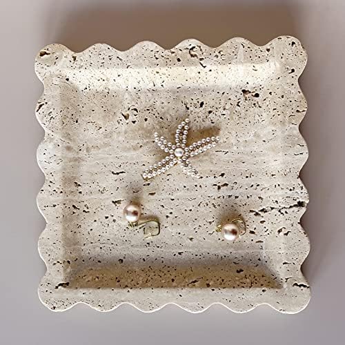 Vintage Natural Marble Tray Small Ornaments Scalloped Tray Handmade Storage Dish for Counter, Vanity, Dresser, Nightstand and Desk (Beige Travertine)