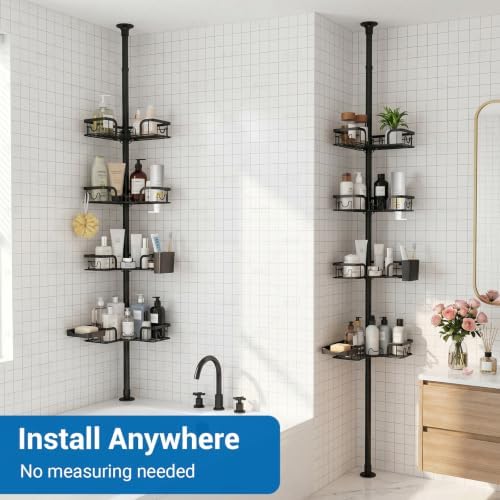 4-Tier Corner Shower Caddy Tension Pole, Floor to Ceiling Shower Corner Shelf Organizer with Soap Hold No-Drill 23.6-114.5 Inch (Black Old)