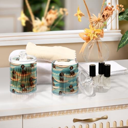 4 Pack Dachshunds on Surfboards Qtip Dispenser 10 Oz Clear Apothecary Plastic Jars Bathroom Canister for Cotton Pads, Cotton Ball, Cotton Swabs, Floss Picks