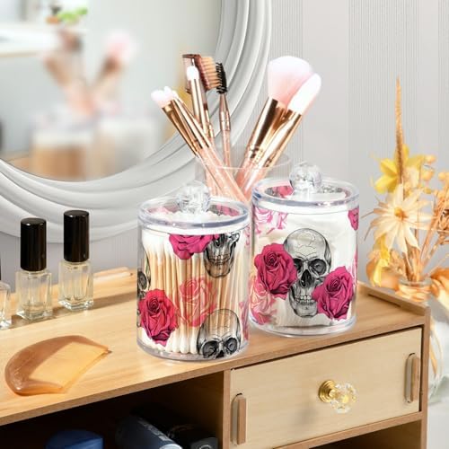 2 Pack Qtip Holder Dispenser Skull Rose Flower Bathroom Storage Canister Lid Acrylic Plastic Apothecary Jar Set Vanity Makeup Organizer for Cotton Swab/Ball/Round Pads, Floss