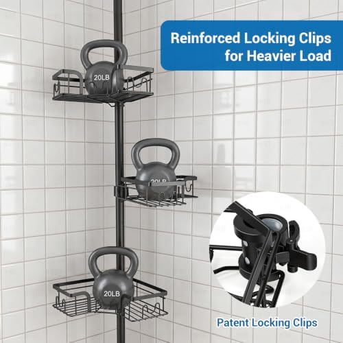 4-Tier Corner Shower Caddy Tension Pole, Floor to Ceiling Shower Corner Shelf Organizer with Soap Hold No-Drill 23.6-114.5 Inch (Black Old)