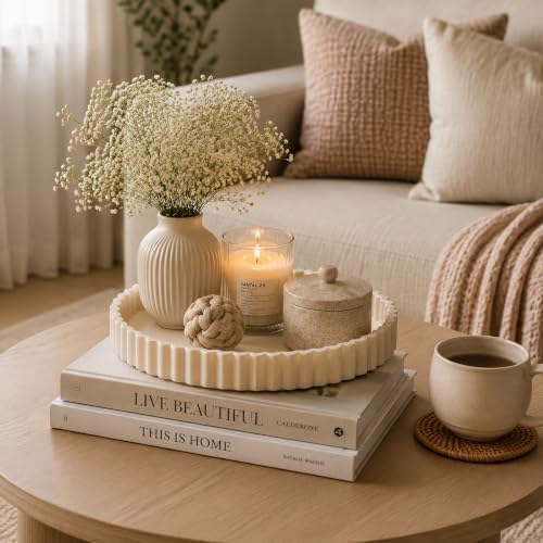 Round Decorative Tray for Home Decor,Coffee Table Tray -Off-White