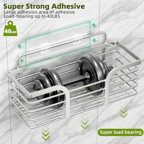 Yougai Shower Caddy, Shower Organizer with Soap Holder and Hooks, Rustproof Shower Shelves, No Drilling Bathroom Organizers and Storage, Wall-Mounted Kitchen & Home Decor (Silver)
