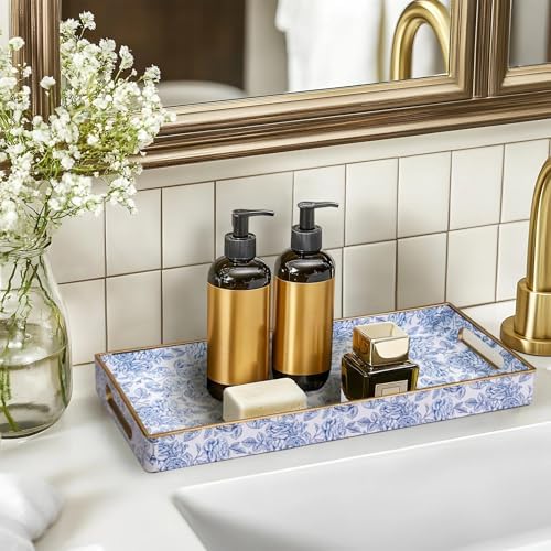 MAONAME Blue Bathroom Vanity Tray, Plastic Decorative Trays with Handles