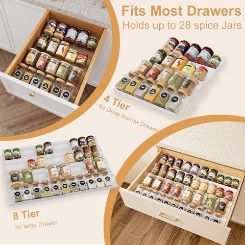 8-Pack Spice Drawer Organizer, 4 Tier Acrylic Spices Rack Tray for Cabinet
