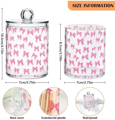 ALAZA 2pcs Cute Bow White Qtip Holder Dispenser 14 oz Bathroom Storage Clear Apothecary Jars Containers Cotton Ball,Cotton Rounds,Floss Picks, Hair Clips, Food
