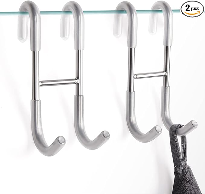 NINETREX Shower Door Hooks,Towel Hooks for Bathrooms Frameless Glass Door,Heavy Duty SUS 304 Stainless Steel Hook for Towels,Squeegee,Loofah,Shaver,Robe,2 Pack,Silver