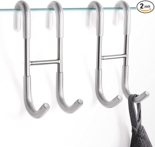 NINETREX Shower Door Hooks,Towel Hooks for Bathrooms Frameless Glass Door,Heavy Duty SUS 304 Stainless Steel Hook for Towels,Squeegee,Loofah,Shaver,Robe,2 Pack,Silver