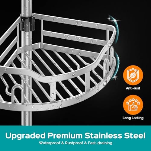 HAMITOR Corner Shower Caddy Tension Pole: Rustproof Stable 4-Tier Bathroom Organizer Shelves for Bathtub Shampoo Storage - 47-121 Inch Quick Install Adjustable Shelf with Soap Rack - Silver Gray