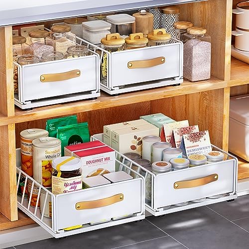 Pull out Cabinet Organizer,Heavy Duty Slide out Pantry Shelves Drawer Storage with Adhesive Nano Film,Sliding Mesh Cabinet Basket with Handle for Kitchen, Bathroom, Home, 11.8W" X 15.7"D X 6.2"H,White