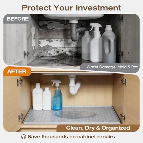 TRZZ Waterproof Under Sink Mat, 28"x19", Drip Tray Shelf Liner, Khaki