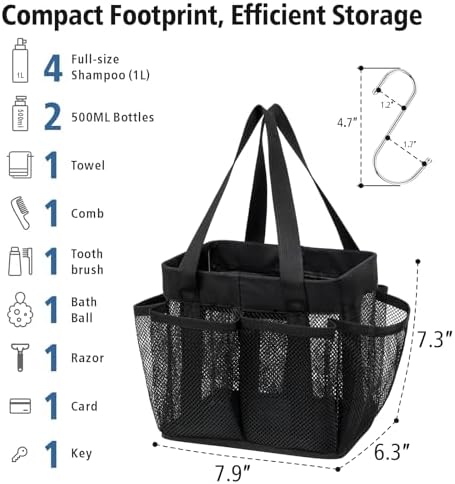 F-color Mesh Shower Caddy Portable - Stand Up 8 Pockets for Dorm, Black