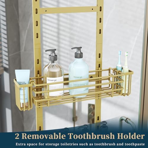 Consumest Over The Door Shower Caddy - 5 Tier Adjustable Shower Organizer Hanging with 2 Toothbrush Holders & 4 Hooks, Rustproof Organizer Shelf, Storage Rack for Bathroom, Gold