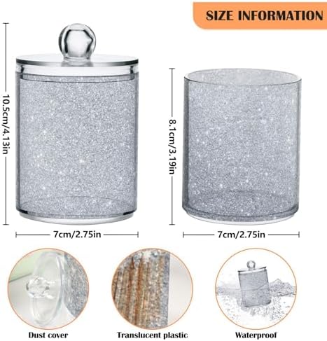 ALAZA Silver Cotton Ball Holder Shiny Silver Qtip Holder 2 Pack Cotton Swab Dispenser Round Pads Clear Plastic Acrylic Jar Set Bathroom Canister