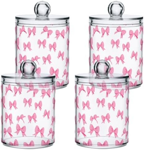 ALAZA Cute Bow White 4 Pack Qtip Holder Dispenser for Cotton Swabs, Balls, Pads, Floss 10 oz Plastic Canister Organizer