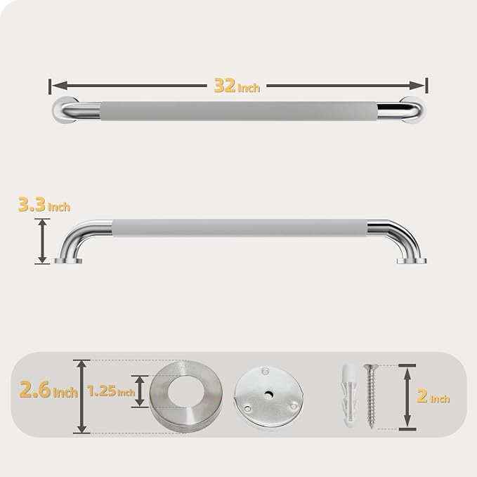 2 Pack 32 Inch Shower Grab Bar, Brushed Nickel Bathroom Grab Bar Handle with Anti-Slip Knurled Grip, Stainless Steel Bath Balance Bar, 1.25" Diameter Bath Safety Bar Support for Seniors Elderly