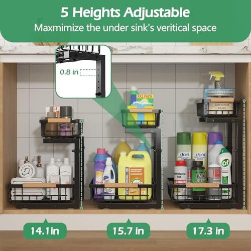 ADRIMER Under Sink Organizer 2 Packs, Pull Out Kitchen Sink Organizer, 2 Tier Slide Out Kitchen Organizers and Storage Bathroom Under Cabinet Storage Shelf, Black