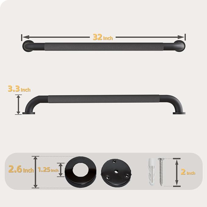 2 Pack Shower Grab Bar, 32 Inch Bathroom Grab Bar Handle with Anti-Slip Knurled Grip, Stainless Steel Bath Balance Bar, 1.25" Diameter Bath Safety Bar Support for Seniors Elderly Pregnant, Matte Black
