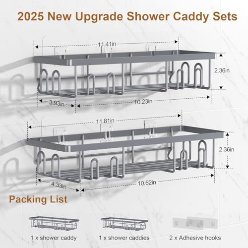Getsrichfc Shower Caddy Adhesive, Rustproof Shower Shelves for Inside Shower, Large Capacity Bathroom Organizers and Storage, Shower Storage with Removable Hooks, No Drill Bathroom Accessories Grey