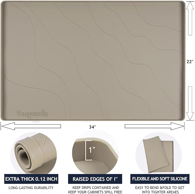 Heavy Duty Silicone Under Sink Mats for Kitchen Waterproof 40" x 19", Extra Thick Under Sink Rubber Mat Drip Tray, Raised Edge Under Sink Liner,Prevent Drips, Leaks, Spills,Brown