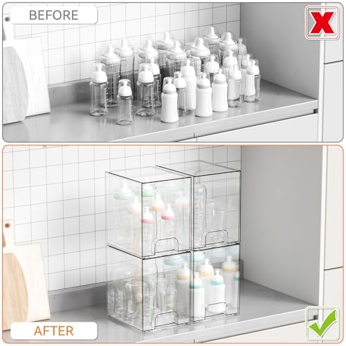 Yieach 7.5" High Stackable Storage Bins,4 Pack Bottle Station and Baby Bottle Storage Organizer for Countertop,Clear Acrylic Drawers for Pacifier,Breast Pump Parts,Storage Containers,Makeup and Lotion