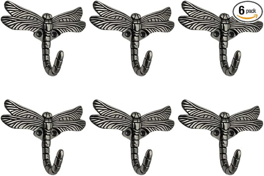 6 pcs Antique Silver Dragonfly Decorative Wall Hooks for Hanging Coats, Keys, Towels, Bags, and More