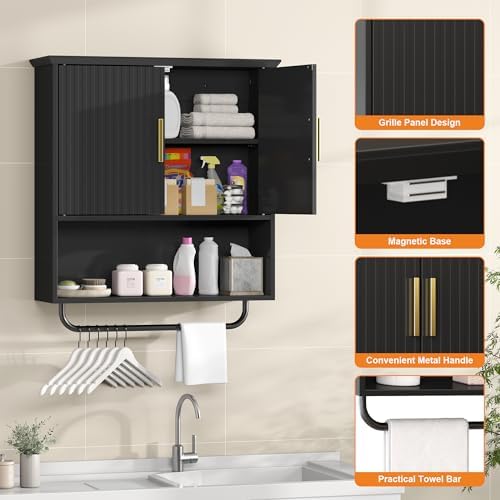 Wall Mounted Cabinet with Towel Bar & Shelves for Kitchen Bathroom