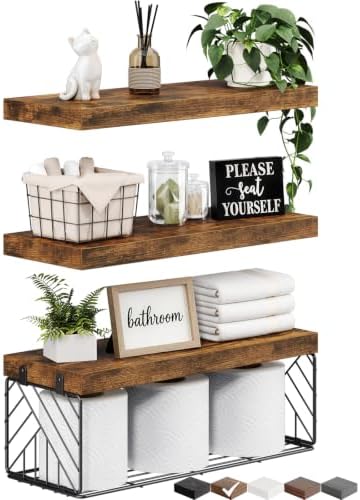 BAYKA Rustic Brown Floating Bathroom Shelves, 15.7in, 3Pk, Wall Mount Shelf