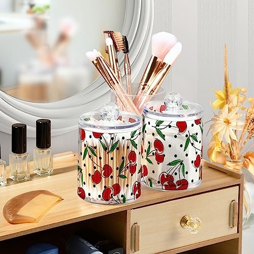 Cherry Fruits Polka Dots Canisters with Lids for Bathroom Vanity, Clear Plastic Jars Set of 4 for Cotton Balls, Cotton Pads, Qtips 4.13 x 2.75 inch