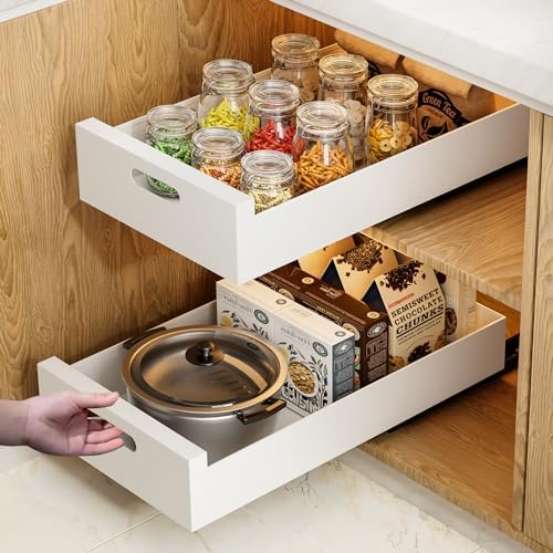 HBL' 2 Pack | 21" Deep Pull Out Cabinet Organizer Adhesive, 12-Inch Wide Sturdy Carbon Steel Roll-Out Drawers, Designed for Frameless Cabinets, Slide-Out Shelves for Pantry.