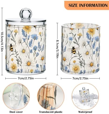 ALAZA Daisy Bee Flower Floral Print 2 Pack Qtip Holder Dispenser for Cotton Swabs, Balls, Pads, Floss 10 oz Plastic Canister Organizer
