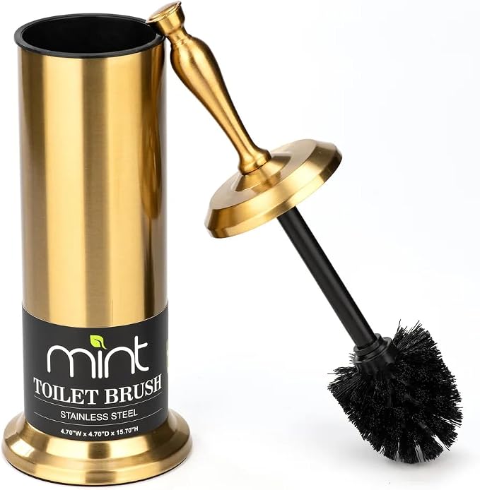 J&V TEXTILES Toilet Brush, Toilet Bowl Brush with Extra Long Handle Durable Bristles Toilet Scrubber and Covered Holder for Toilet Brush Set for Bathroom Cleaning (Aged Brass)